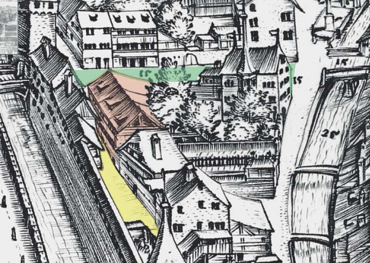 Ausschnitt der Luzerner Stadtansicht von Martin Martini 1597 mit der Ende des 16. Jahrhunderts bestehenden Bebauung des Areals Rütligasse – Kesselgasse. Grün: Rütligasse, gelb: Kesselgasse, rot: Bebauung Kesselgasse (Rütligasse 3).