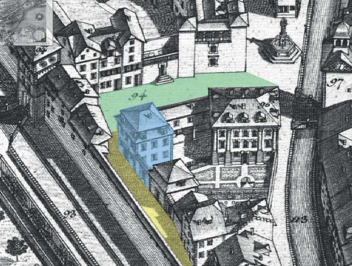 Ausschnitt des Stadtplans von Franz Xaver Schumacher 1790/1792. Mit dem Neubau Ende des 18. Jahrhunderts entsteht die aktuelle Situation mit der zusammenhängenden Bebauung Rütligasse 1a–3 (Rütligasse 1 Fideikommisshaus Segesser von Brunegg 1751–1752). Grün: Rütligasse, gelb: Kesselgasse, blau: Neubau 1784.